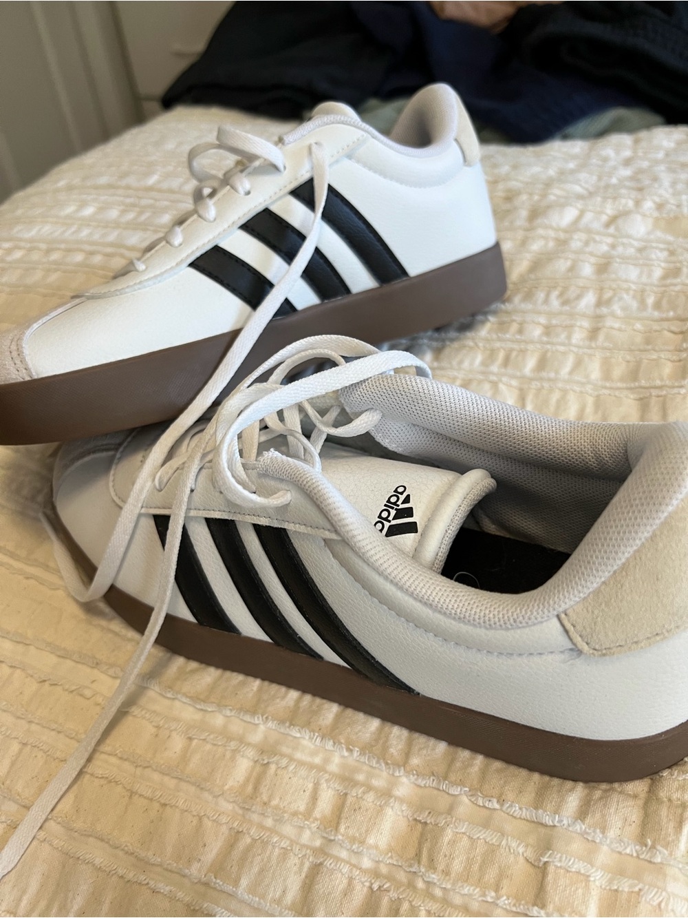 Adidas Kids White Leather Trainers with Black Stripes and Brown Sole